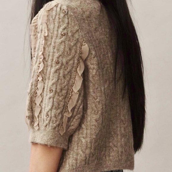 Anthropologie Maeve Embellished Ruffle Cardigan Sweater- XXS (Fits more like M) - Picture 2 of 10